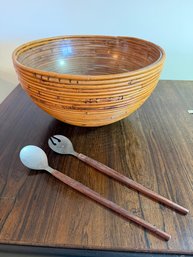 Large Bamboo Salad Bowl Acrylic ? Lined With Utensils- 32