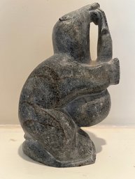 Inuit Art Soapstone Carved Polar Bear Eating A Seal? MAMA & BABY? Figurine Signed POX 2939 - Lr3