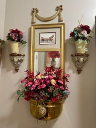 Brass Wall Pocket, Mirror, 2 Elephant Shelves, Brass Ribbon Decor And Faux Flowers - 2F4