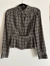Authentic Chanel 100 Silk Printed Blouse With Mother Of Pearl Buttons In Black And Gold MB1