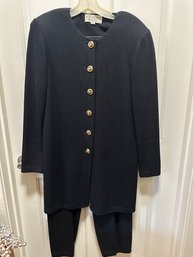 St John Black Long Sweater Jacket With Black & Gold Buttons And Matching Pants - 2F9