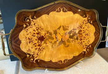 Vintage Inlaid Wood Tray With Brass Fender Made In Italy - 2F12
