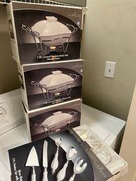 3 White Godinger 1 Qt Covered Porcelain Bakers With Warmer Stands And New Serving Utensils - BBB2