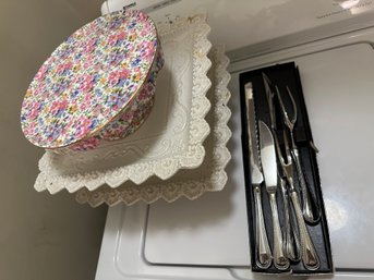 3 Cake Stands: 2 White Square And Round Floral With Serving Utensils - BBB1