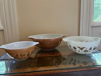 Pyrex Three Piece Collectable Cinderella Bowls In The Early American Pattern Of Brown And Golds - BDA48