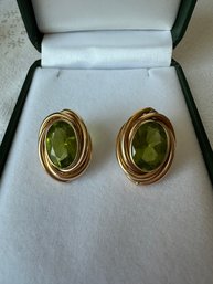 14k Yellow Gold Apple Green Oval Pierced Earrings - 15
