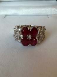 18k 750 White Gold 4 Ruby Ring With Diamonds - 18