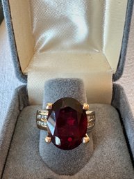 14k 585 Yellow Gold Large Red Gemstone Double Row Diamond Ring - 21