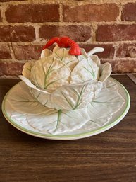 Cabbage Leaf Ceramic Soup Tureen On Large Platter With Lobster Handle Made In Italy - 5