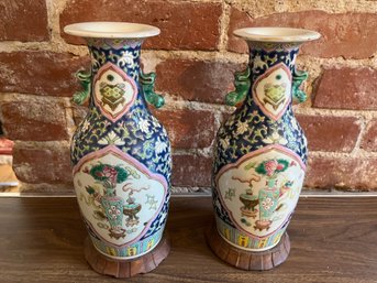 Pair Of Canton Enamel Porcelain Vases With Wooden Bases - 9