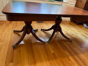 Antique Hepplewhite Inlaid Double Pedestal Brass Clawfoot Table With Skirt