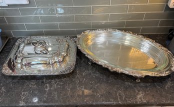 Beautiful Silver Plated Covered Oval Server And Pyrex Glass Lined Footed Fish Platter