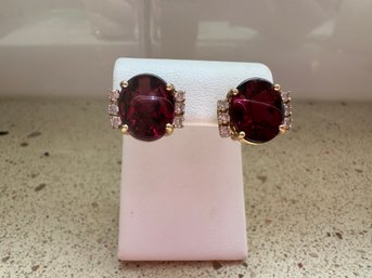 14k Yellow Gold Large Gemstone And Six Diamond Pierced Earrings - 25