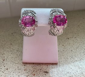 18k White Gold Diamond And Pink Sapphire French Post Earrings - 19