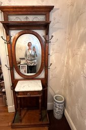 Antique Hall Tree With Marble Top And Tilting Mirror - F1