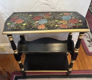 Black Hand Painted Floral Design Accent Table Signed By Artist - F8