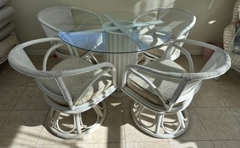 Mid Century Wicker Dining Set With Glass Top And 4 Chairs - P