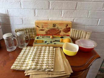 Vintage Kitchen Lot Includes Thermometer And Baster, Salt And Pepper Shakers, Vintage Cloth Napkins - #92