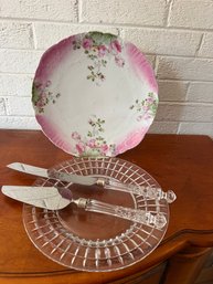 Two Cake Plates And Two Large Crystal Handled Knives - #152