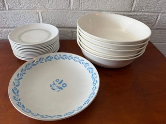 Vintage Corning Lot - 5 Large Bowl, 12 Desert Plates, & Sympathy In Blue Plate - P53