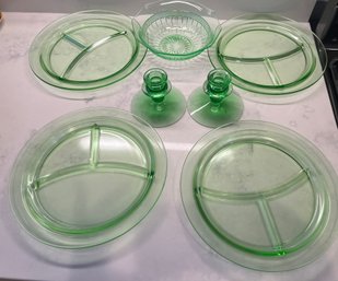 4 Green Depression Glass Divided Plates, Pair Of Candle Holders & Decorative Bowl - 16