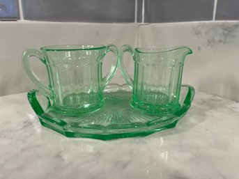 Uranium Green Glass Creamer And Sugar Bowl On Tray - 18