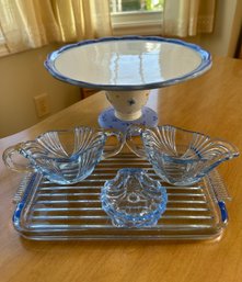 Pfaltzgraft Pedestal Cake Stand And Vintage Baby Blue Hostess Set - K17