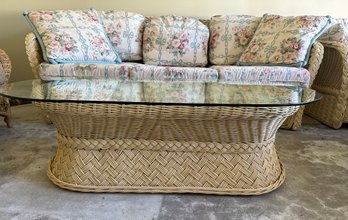 Vintage White Wicker 3 Seat Sofa With Matching Oval Glass Top Wicker Coffee Table - G8