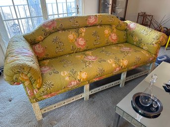 Stunning Floral Quilted Chippendale Style Camelback Sofa On Wooden Base - F4