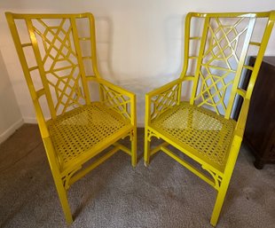Pair Of Fabulous Vintage Yellow Chinese Chippendale Tall WingBack Chairs - F9