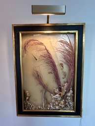 Hand Crafted Sea Life Art In Gorgeous Wide Black & Gold Frame With Art Lamp - F14
