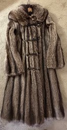 Full Length Canadian? Raccoon Coat With Large Collar And Leather Toggle Closures - F19