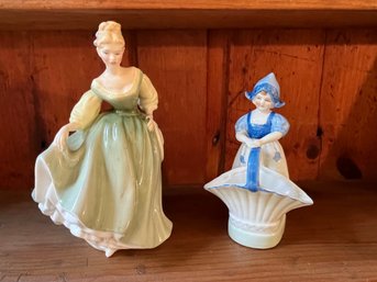 Royal Doulton Green Fair Lady And Blue Girl With Basket Figurines - K13