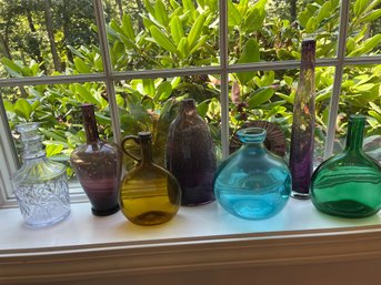 Colored Art Glass Lot Of 9 - Includes Two Small Plates, Decanter And Bottles