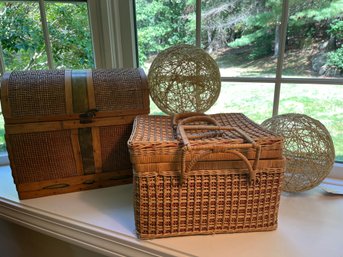 Two Wicker Baskets - One Trunk Style And One Picnic Plus Two Wicker Spheres - K24