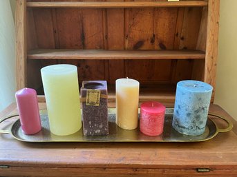 Long Goldtone Metal Tray And 6 Large Colorful Candle - K20