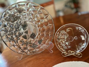 Two Silver City Glass Platters With Sterling Silver Floral Overlay - K22