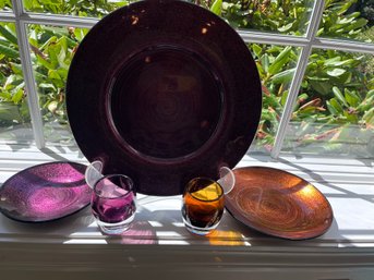 Three Colorful Decorative Plates And Two Coordinating Candle Votives - K28