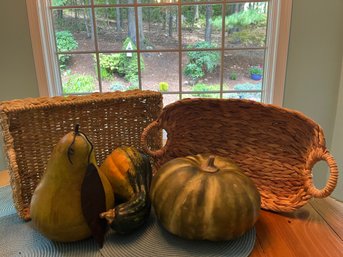 Two Woven Baskets With Three Faux Fruits For Fall - K30