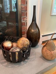 Decorator Accessories Includes Metal Basket With 3 Gold Spheres, Large Pear And Black Vase - K34