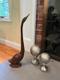 Metal Long Neck Goose And Two Silver Spheres - K35