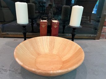 Large Salad Bowl, Two Pottery Barn Candelabras With Candles And Two Hideaway Books - K36