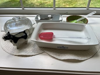 Corning Covered Casserole, Baking Dish, Cow Creamer, Ceramic Fruit Dish And Accessories - K32