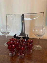 10 Vintage Red Fry Michelin / Stacked Ring Art Deco Shot Glasses With 2 Wine Glasses &  Tray - 69