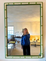 Large Vintage Bamboo Style Mirror Painted In White And Green - 78