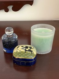 Murano Glass Paperweight, Cow Trinket Box And A Candle -E7