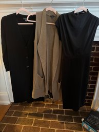 Express XS Black Dress . Splendid (s) Tan Duster . Primark (s) Black Button Duster