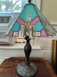 Vintage Tiffany Style Lamp With 4 Panel Stained Glass Shade - D26