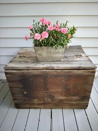 Fabulously Weathered Wood Antique Toy Chest With Charming Flowers In Small Wooden Planter - P7