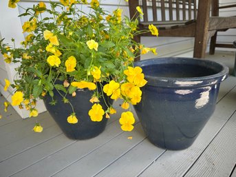 Pair Of Blue Glazed Outdoor Pots With Bonus Yellow Flowers - P9